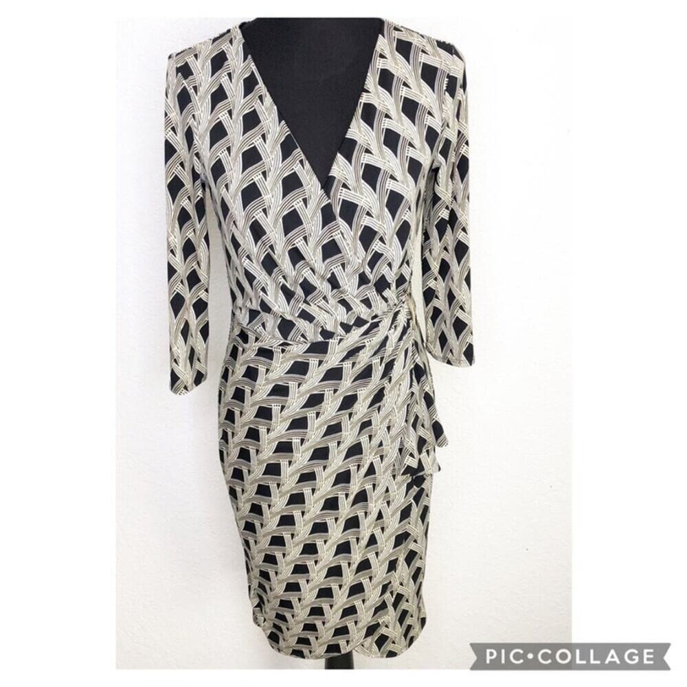 WHBM‎ cream black art deco geometric faux wrap midi dress size 4